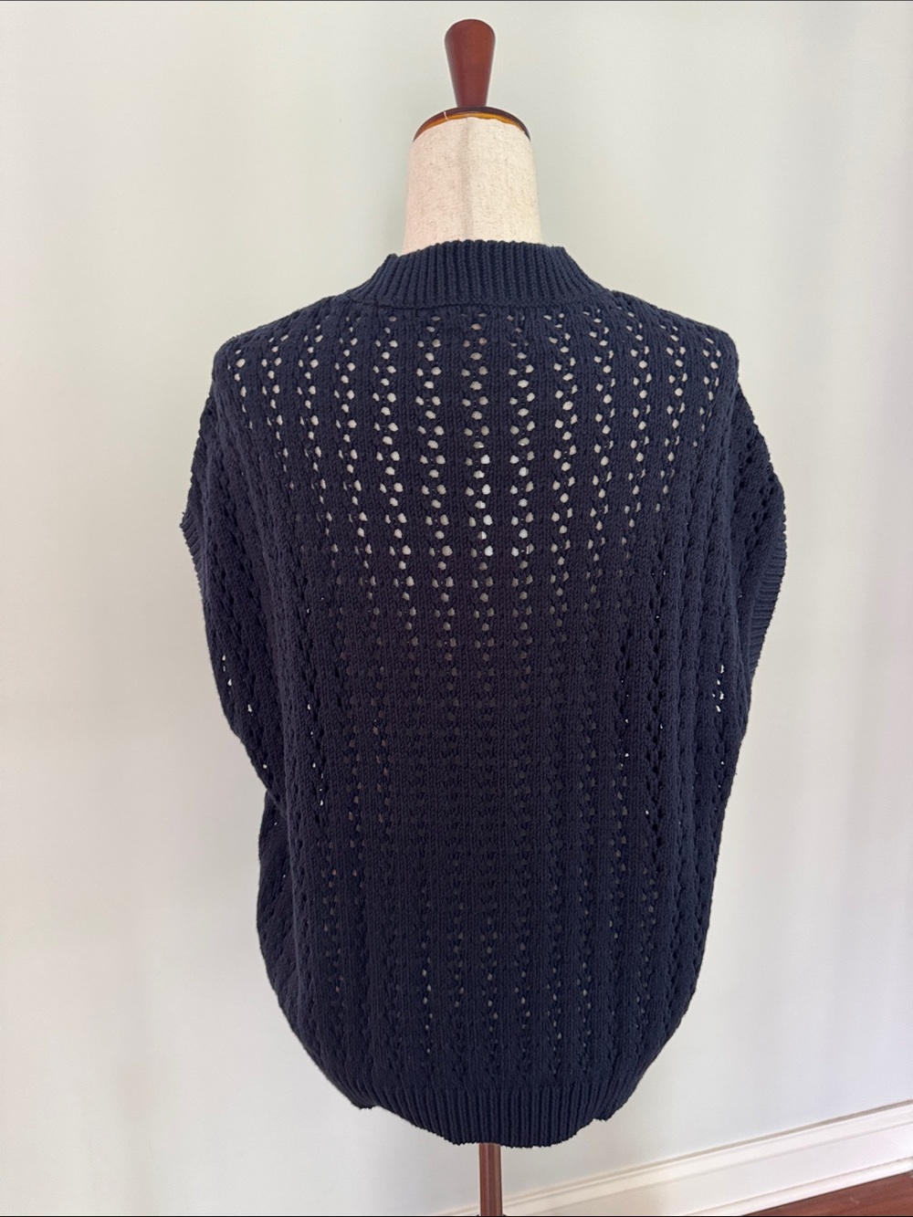 LOFT Navy Blue Open-Weave Short Sleeve Crewneck Sweater - Picture 2 of 6